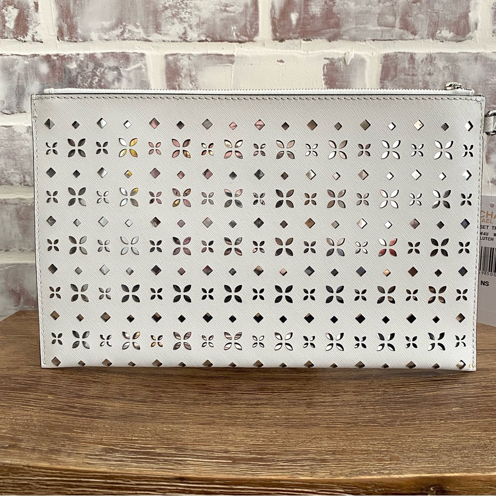 Micheal Kors • XL Laser Cut Leather Clutch • Perforated Floral Geometric Pattern - Picture 2 of 15